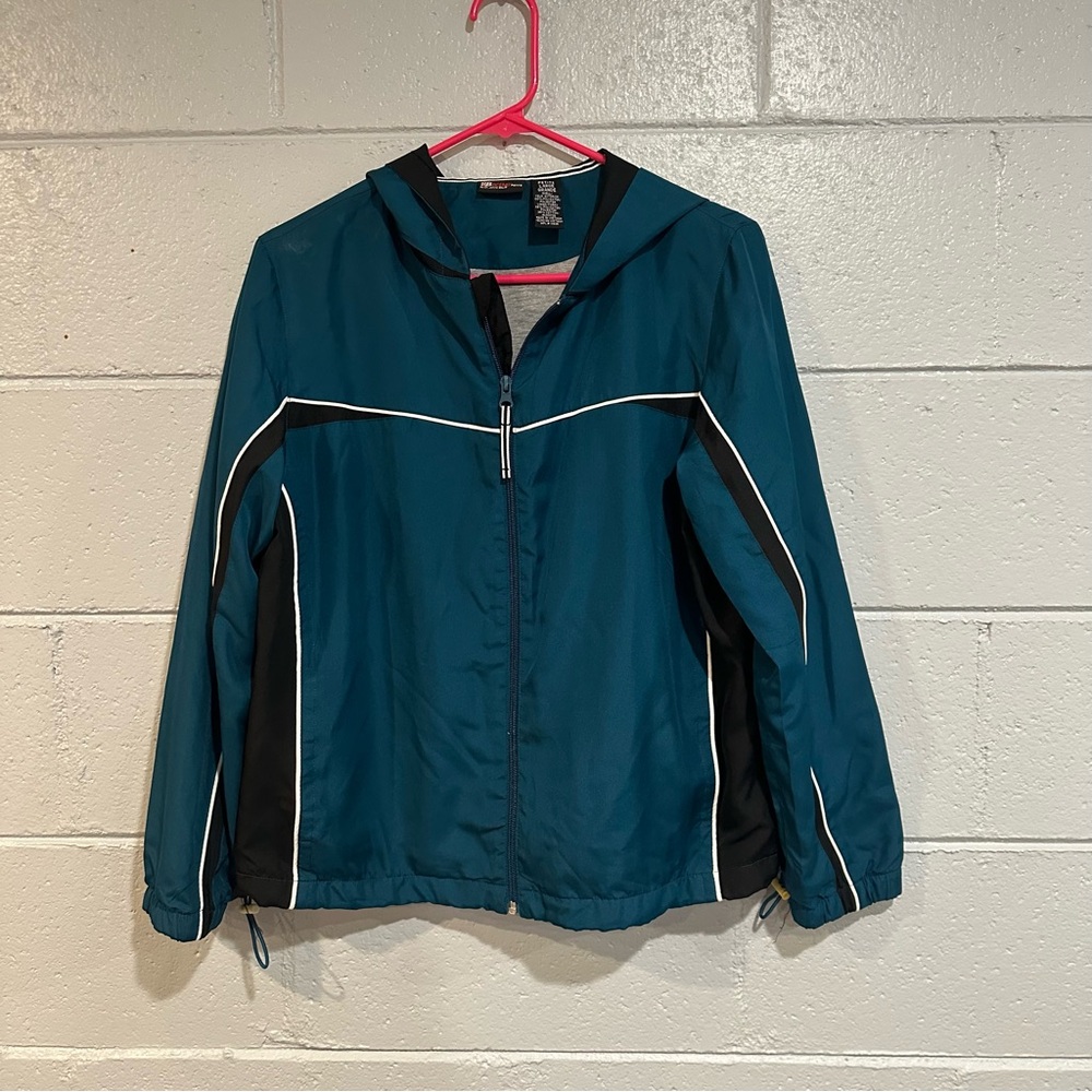 SJB Active Teal Black White Petite Large Hooded Zip Jacket Windbreaker